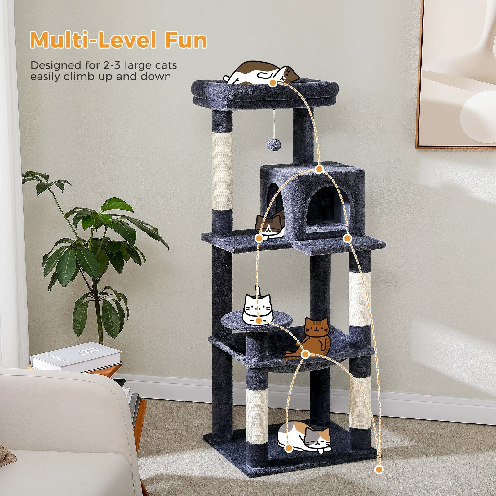 5-Level Cat Tree Tower for Indoor Cats – Large Cat Condo with Hammock & Scratching Posts