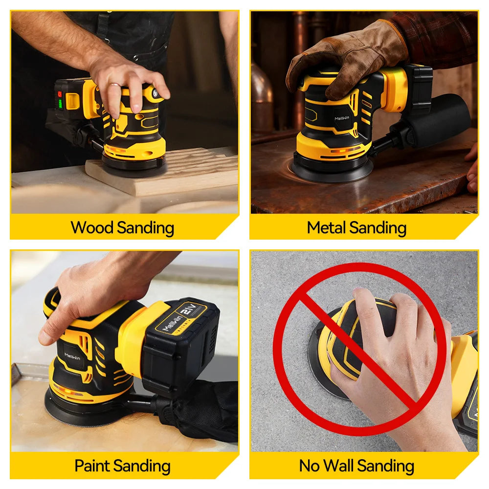 MELLWIN 125mm Cordless Orbital Sander Polisher, 3-Speed Adjustable 18V Electric Sander for Wood & Metal, Makita 18V Battery Compatible