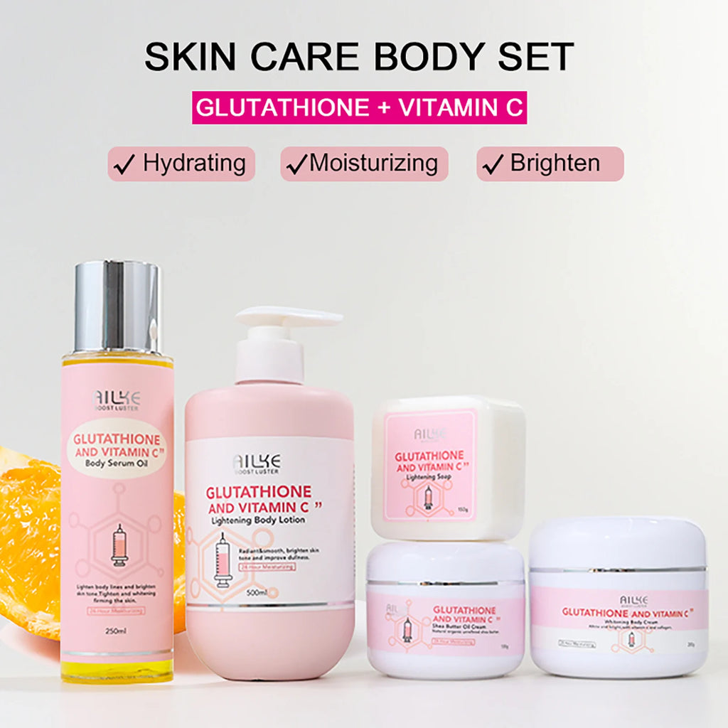 AILKE Vitamin C + Glutathione Brightening Skincare Set – Moisturizing, Whitening & Glow-Boosting Full Body System