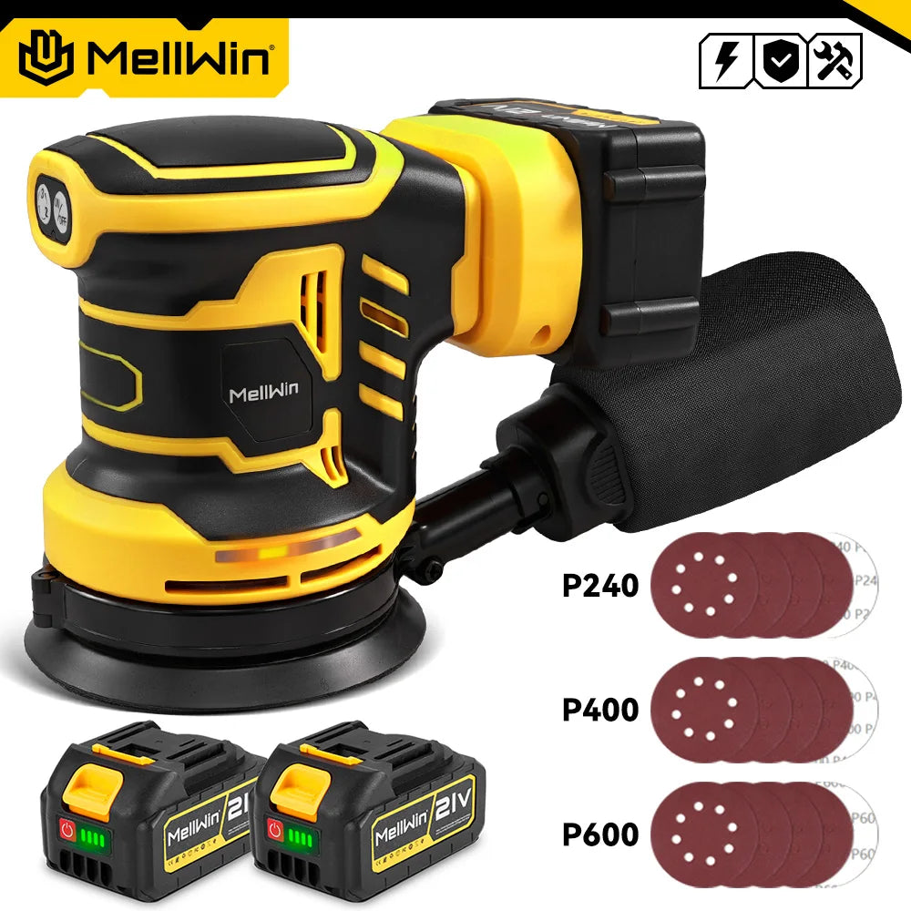 MELLWIN 125mm Cordless Orbital Sander Polisher, 3-Speed Adjustable 18V Electric Sander for Wood & Metal, Makita 18V Battery Compatible