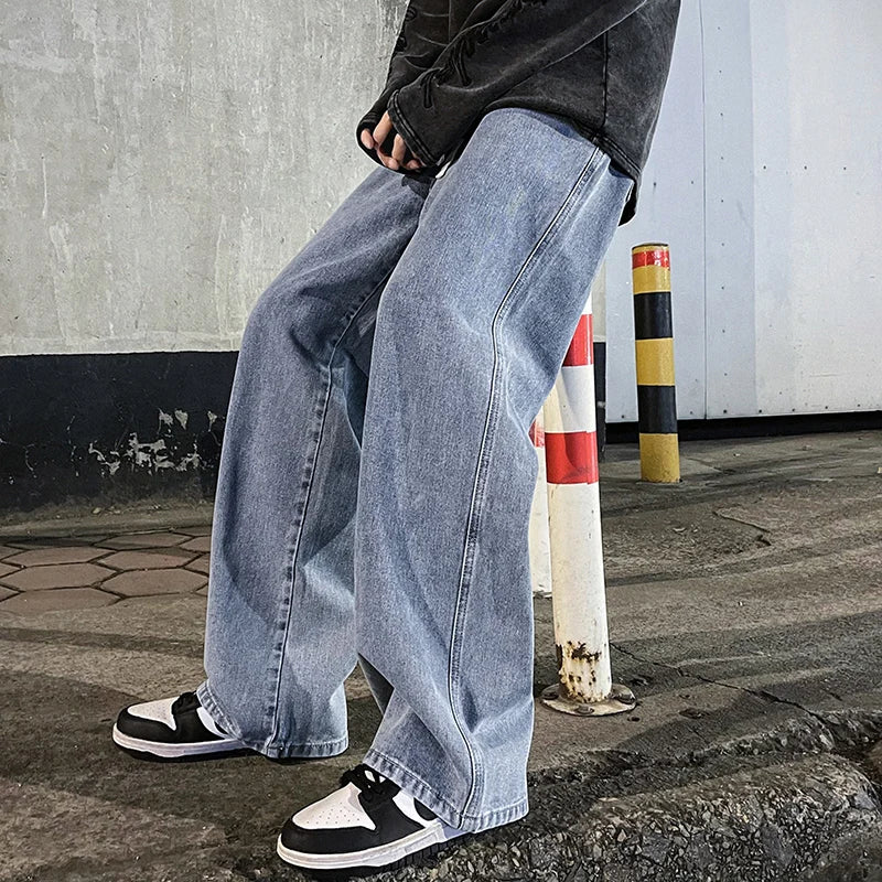 2024 Men’s Streetwear Loose Jeans – Korean Style Wide Leg Casual Pants, Black & Light Blue