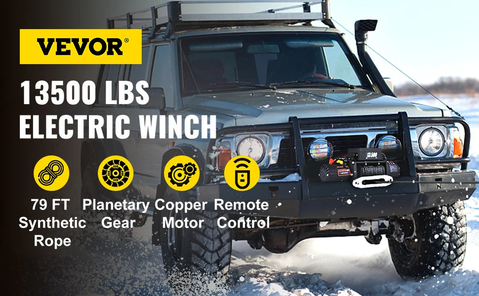 VEVOR 13500LBS Electric Truck Winch – Powerful 12V Winch with Synthetic Rope & Remote Control