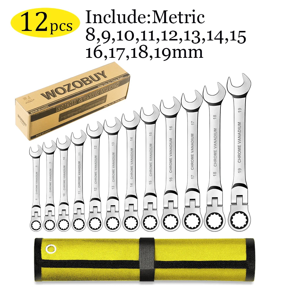 WOZOBUY Flex-Head Ratchet Wrench Set – 12/14/16/17 Pcs | 6–26mm | 72-Tooth Cr-V Combination Wrench Kit with Rolling Storage Bag