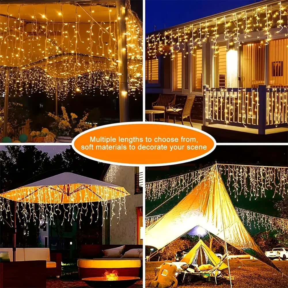 Outdoor Solar Icicle Curtain Lights – Waterproof LED String with 8 Modes for Patio, Garden & Festive Lighting