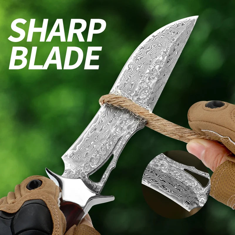 Damascus-Style Fixed Blade Knife – Premium Stainless Steel Blade, Wooden Handle & Leather Sheath