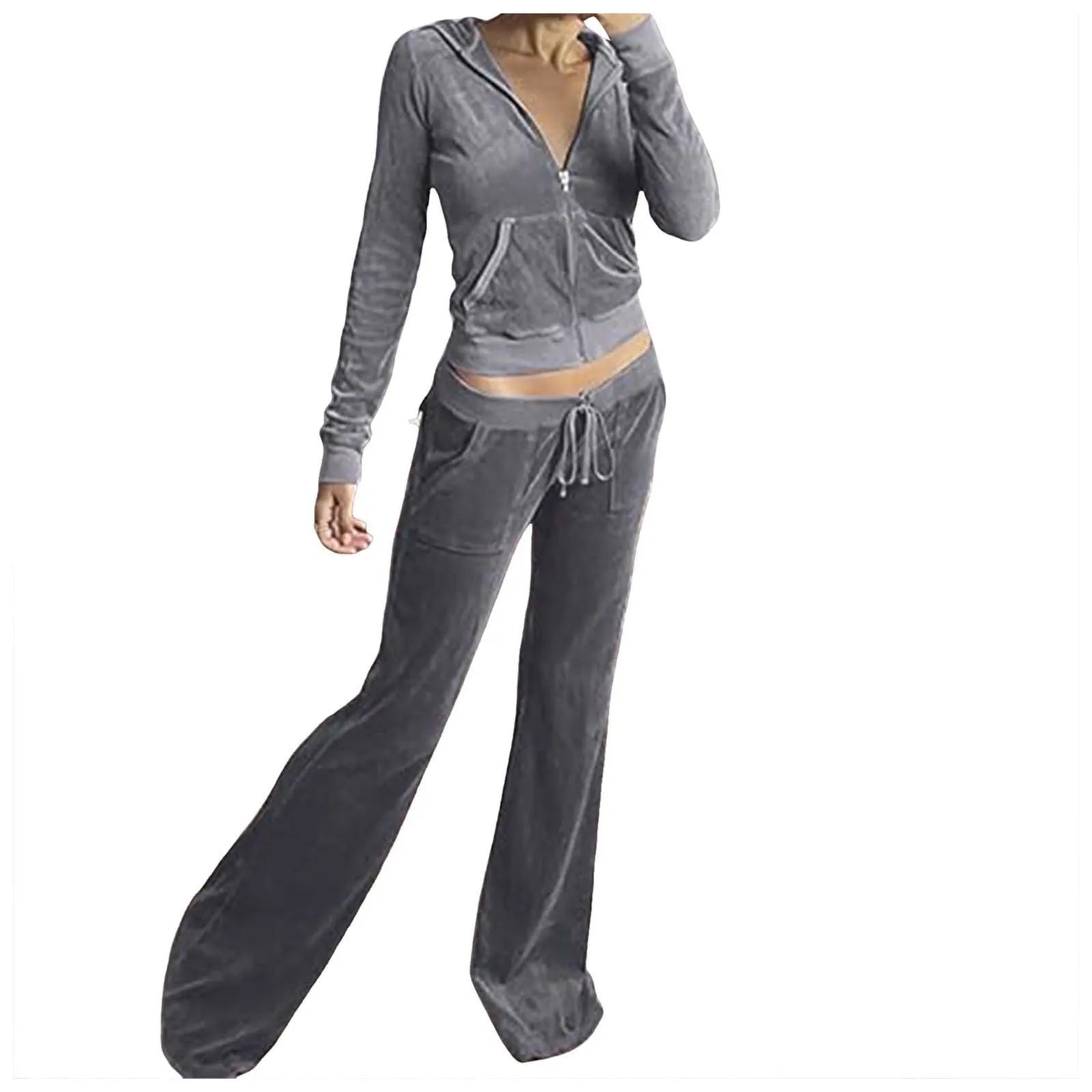 Velour Velvet Two-Piece Tracksuit for Women – Slim Fit Zip-Up Hoodie & Sweatpants Set, Casual Luxe Loungewear Outfit