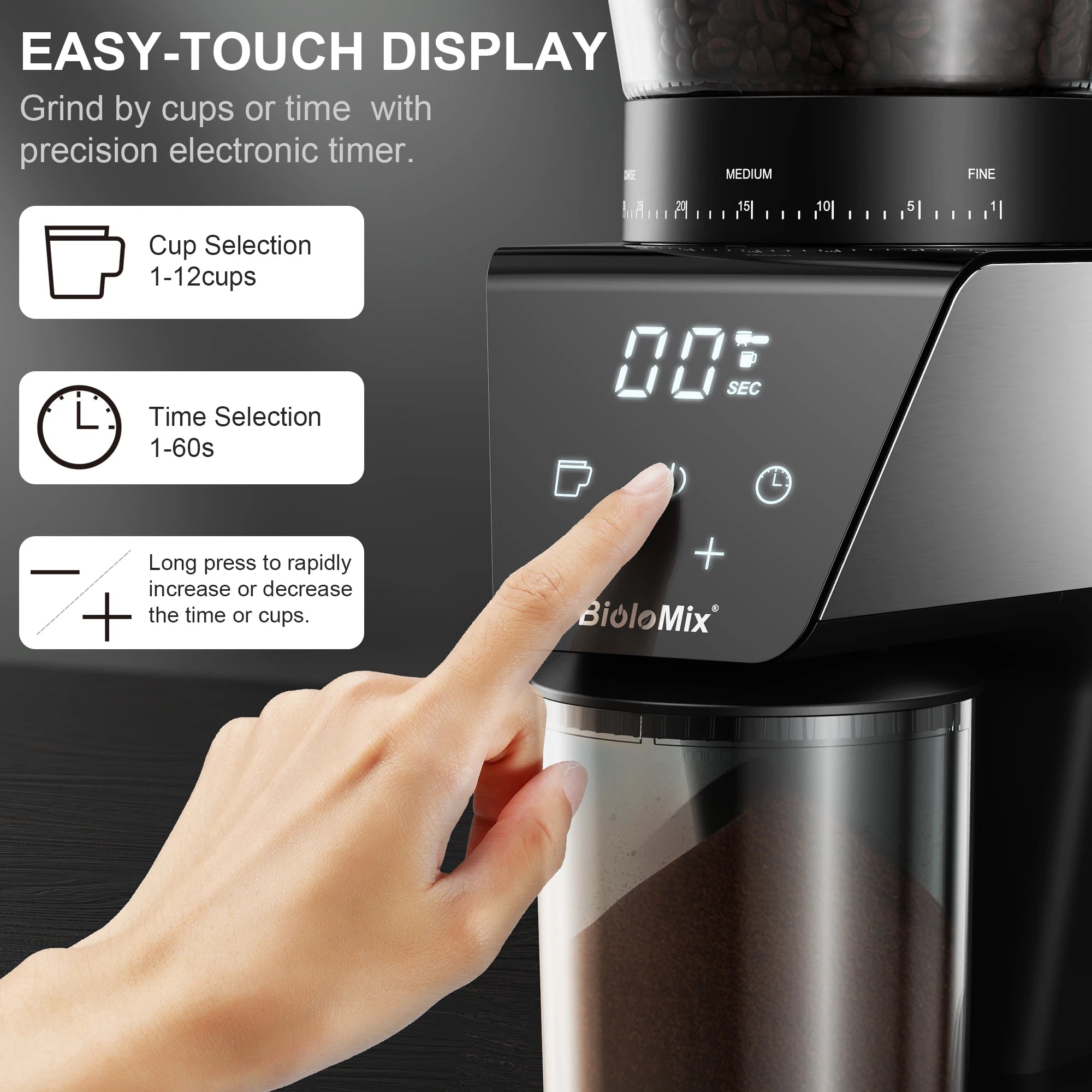 BioloMix Precision Conical Burr Coffee Grinder – 30-Setting Electric Burr Mill with LCD Timer, Magneti Ring & 300g Hopper