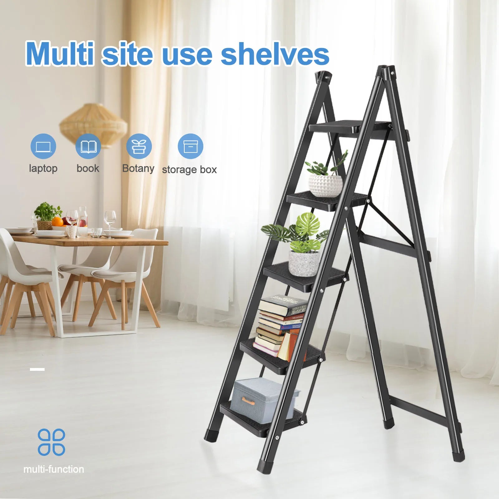 Non-Slip Folding Step Ladder – 5-Step Multifunctional Household Ladder with Herringbone Anti-Slip Treads for Home & Work
