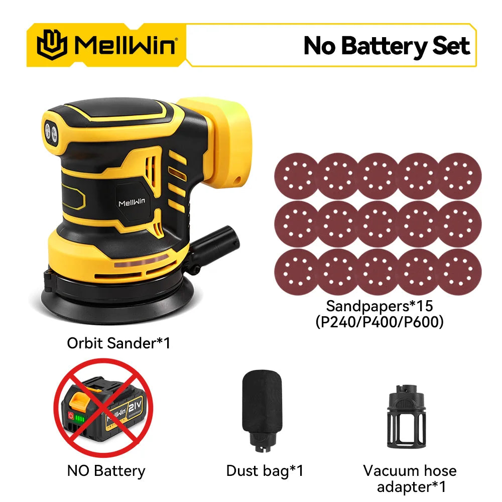 MELLWIN 125mm Cordless Orbital Sander Polisher, 3-Speed Adjustable 18V Electric Sander for Wood & Metal, Makita 18V Battery Compatible