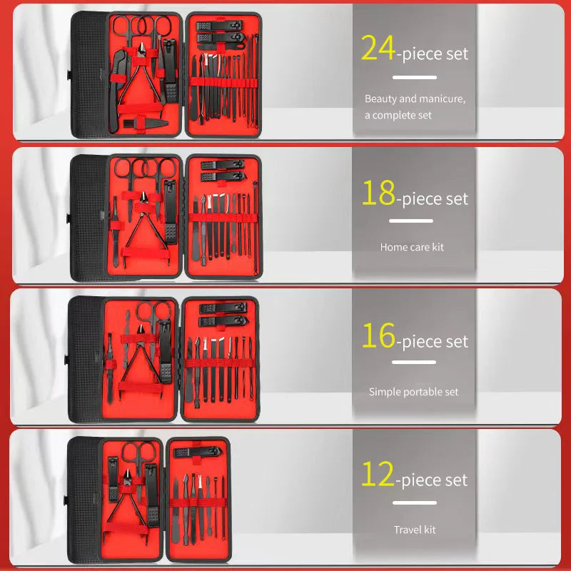 ✨ Luxe Carbon-Steel 24-Piece Nail Care Kit – Professional Manicure & Pedicure Set (Black + Red Edition)