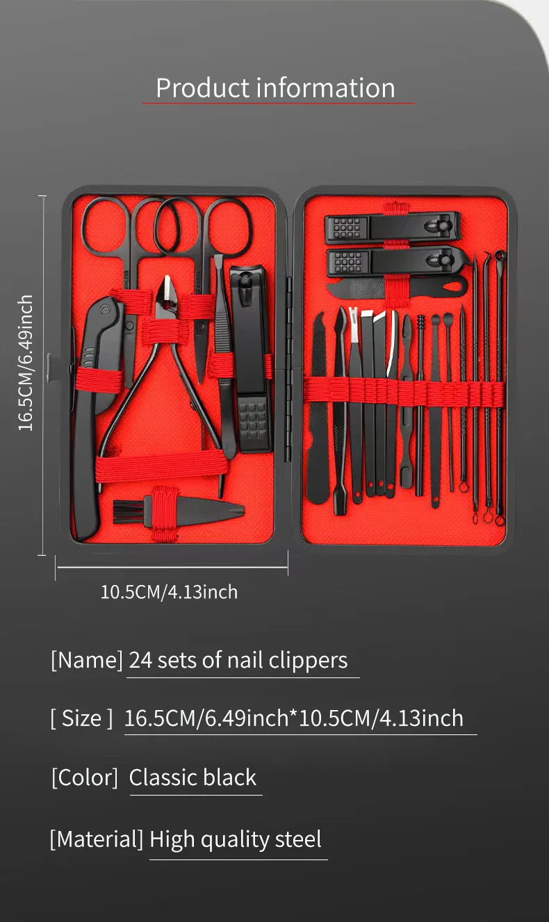 ✨ Luxe Carbon-Steel 24-Piece Nail Care Kit – Professional Manicure & Pedicure Set (Black + Red Edition)
