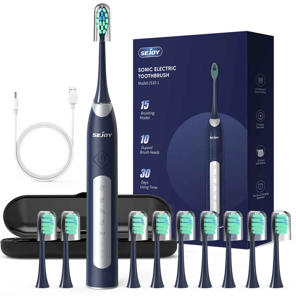 Sejoy JS10-1 Rechargeable Sonic Electric Toothbrush with 10 Replacement Heads — Deep Clean & Whitening