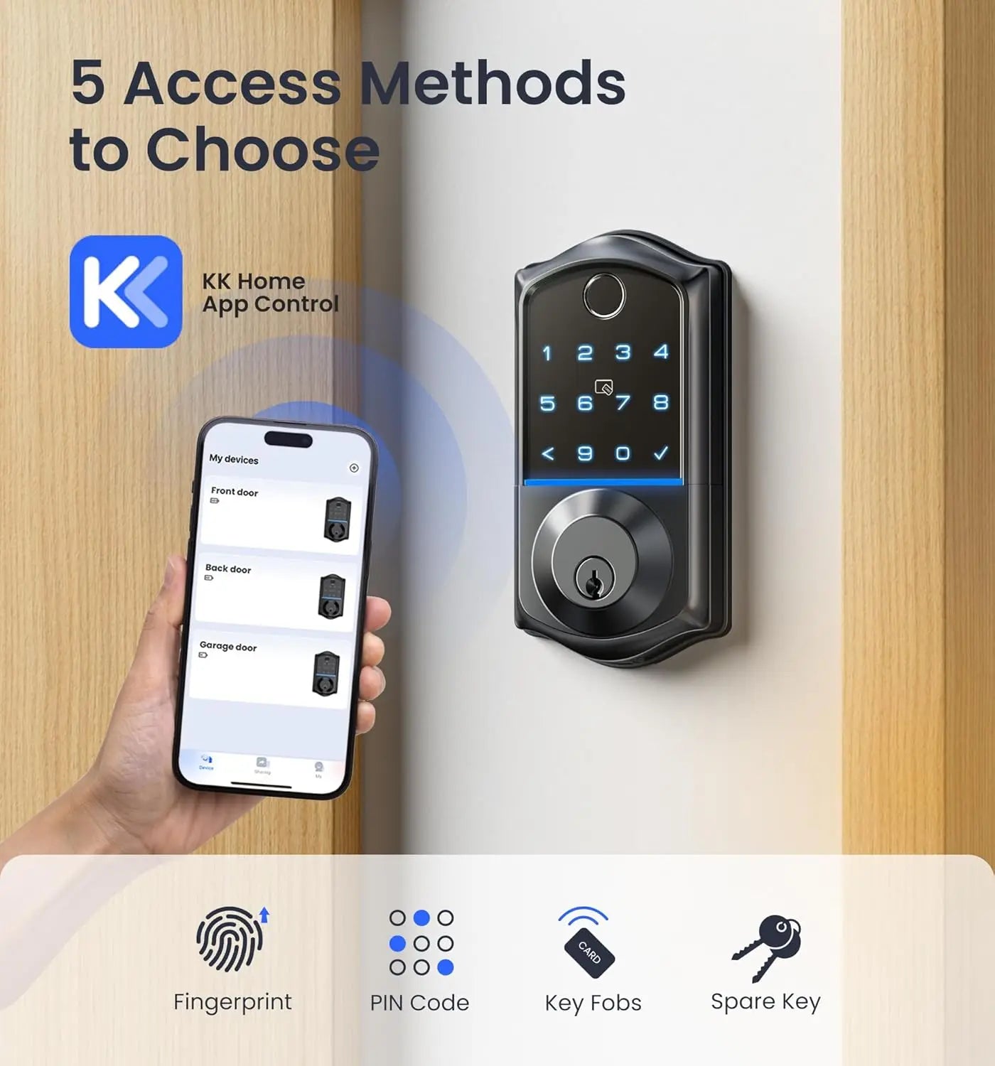 Veise VE017 Fingerprint Smart Door Lock, App Control, 7-in-1 Keyless Entry, Auto Lock, Emergency Power Port