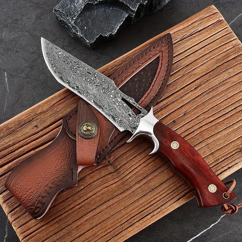 Damascus-Style Fixed Blade Knife – Premium Stainless Steel Blade, Wooden Handle & Leather Sheath