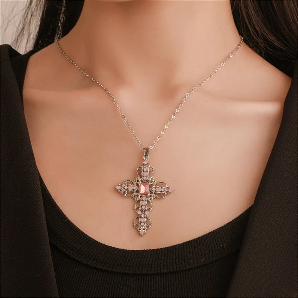 ✨ Gothic Luxe Irregular Zircon Cross Necklace – Bold Y2K Statement Jewelry for Him + Her