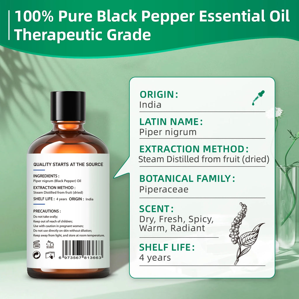 🖤 Warm Spice Black Pepper Essential Oil – 100% Pure Aromatherapy Oil for Focus, Stress Relief & DIY Wellness (100ml)