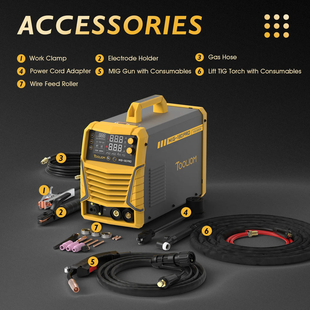 TOOLIOM 4 in 1 MIG Welder 180A Gas MIG/Flux MIG/Stick/Lift TIG Multiprocess Welding Machine 110V/220V Welder with Lift TIG Torch