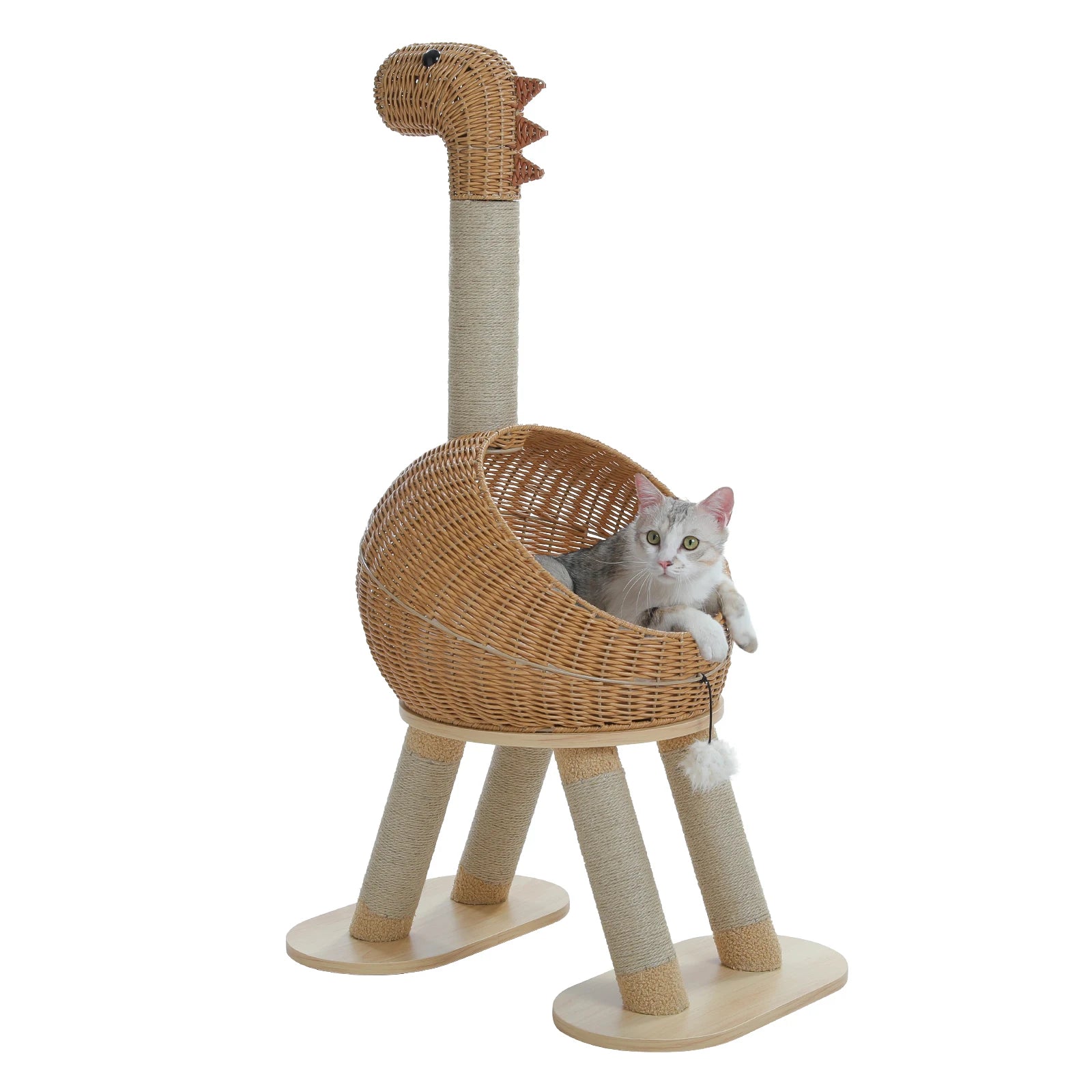 Dinosaur Cat Tree Tower – Rattan Cat Condo with Sisal Scratching Posts