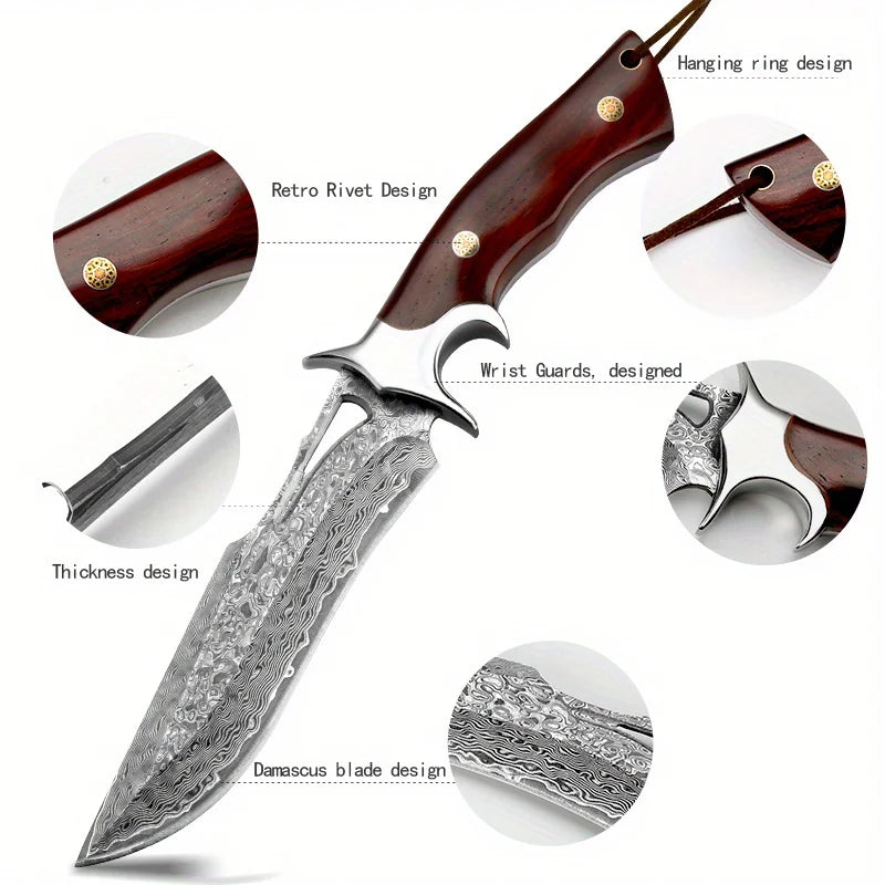 Damascus-Style Fixed Blade Knife – Premium Stainless Steel Blade, Wooden Handle & Leather Sheath