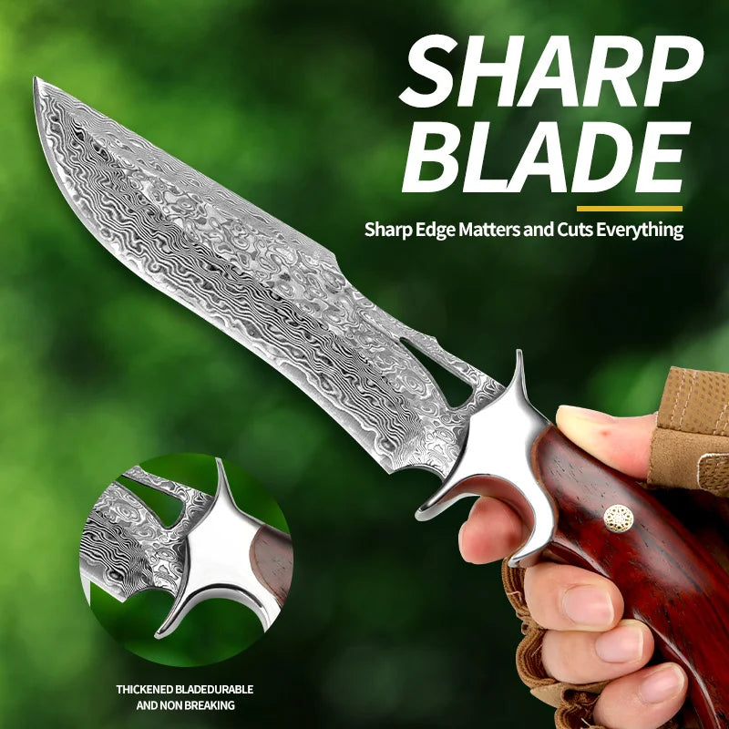 Damascus-Style Fixed Blade Knife – Premium Stainless Steel Blade, Wooden Handle & Leather Sheath