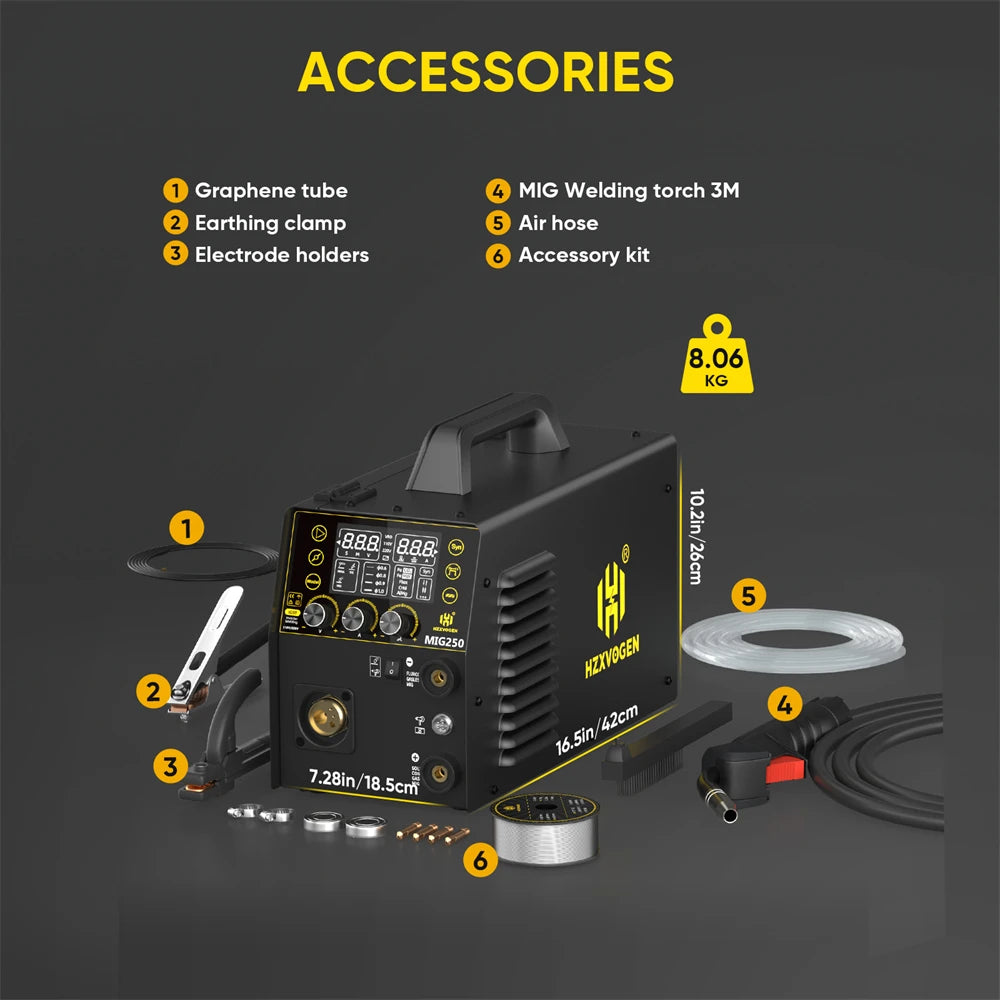 HZXVOGEN MIG250 Aluminum 5 in 1 Welding Machine MMA ARC/Gas MIG/Gasless MIG/LIFT TIG Spot Welding Portable Home Welder Tool