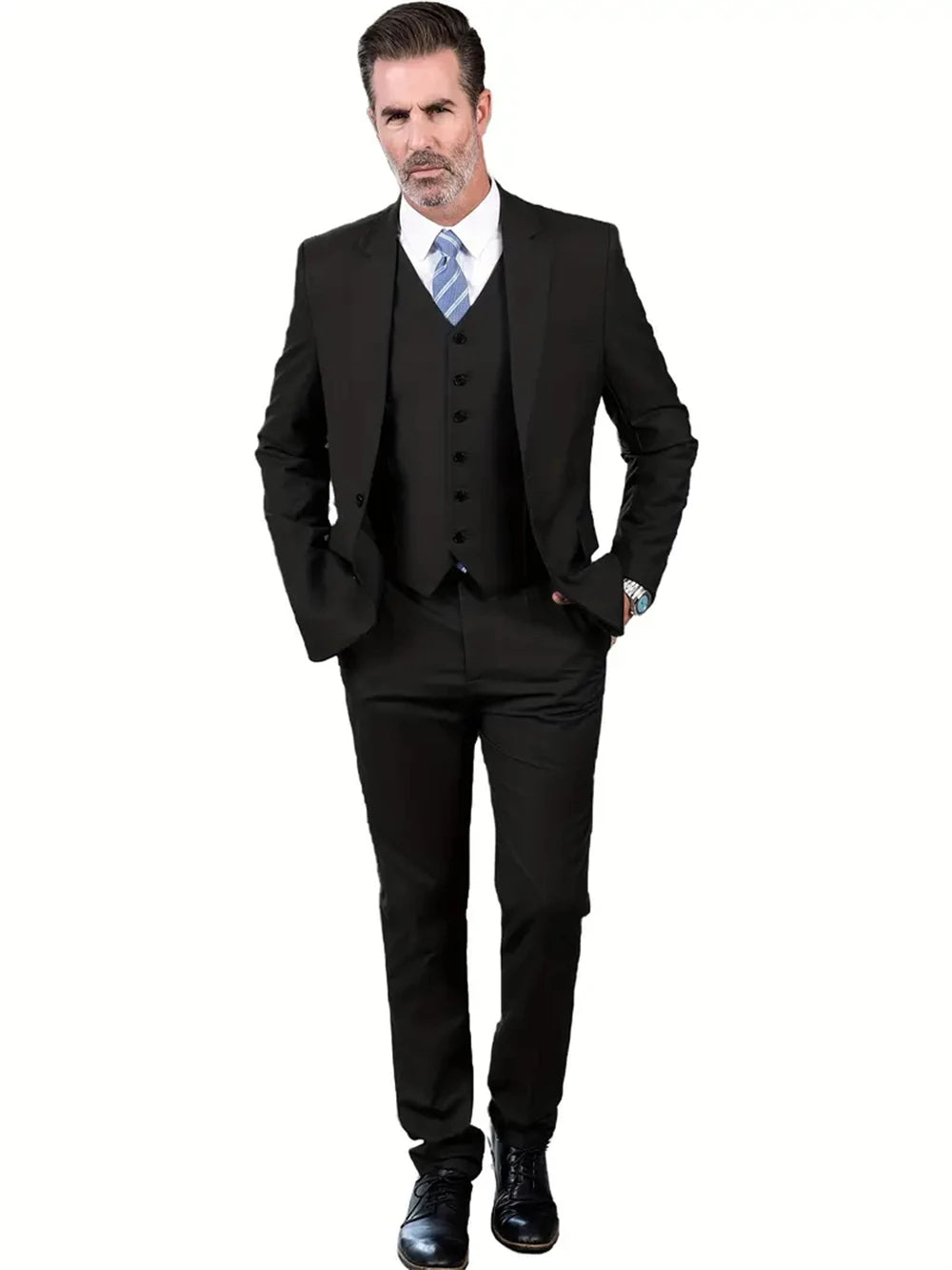 “Men’s Modern 3-Piece Slim Fit Suit – Notch Lapel Blazer, Vest & Tailored Trousers | Formal Wedding & Business Tux Set”