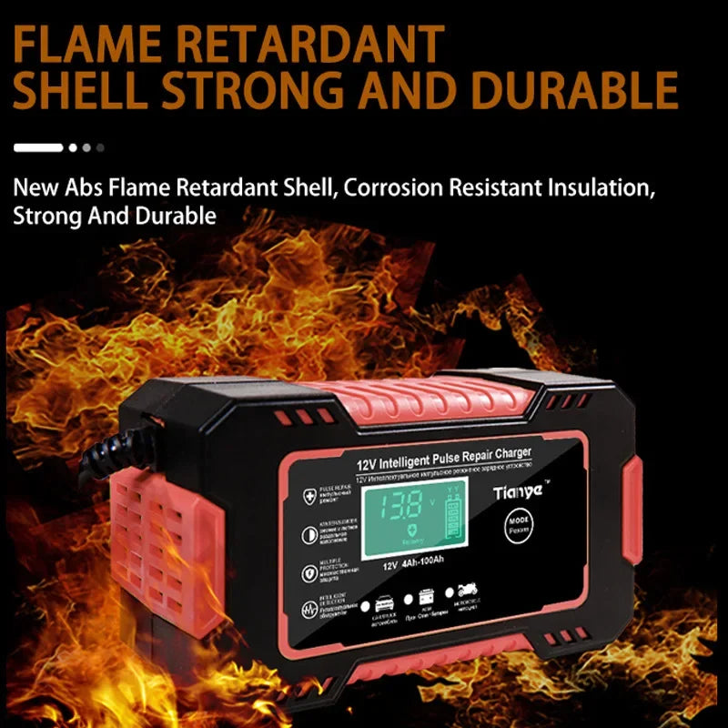 EAFC Smart 12V Pulse Repair Battery Charger – LCD Display, 6A Fast Charging for Cars, Motorcycles & Deep-Cycle Batteries