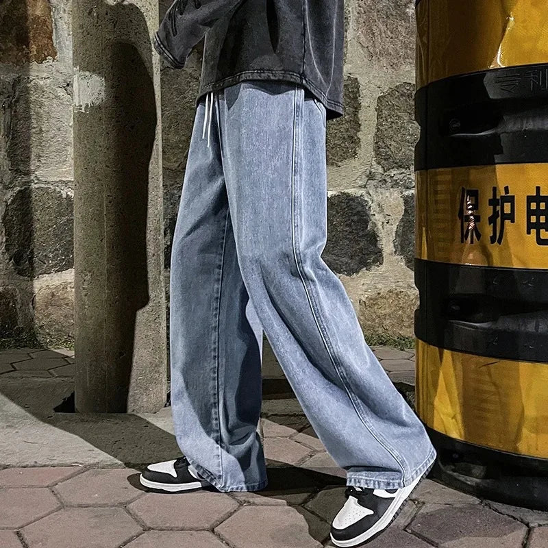 2024 Men’s Streetwear Loose Jeans – Korean Style Wide Leg Casual Pants, Black & Light Blue
