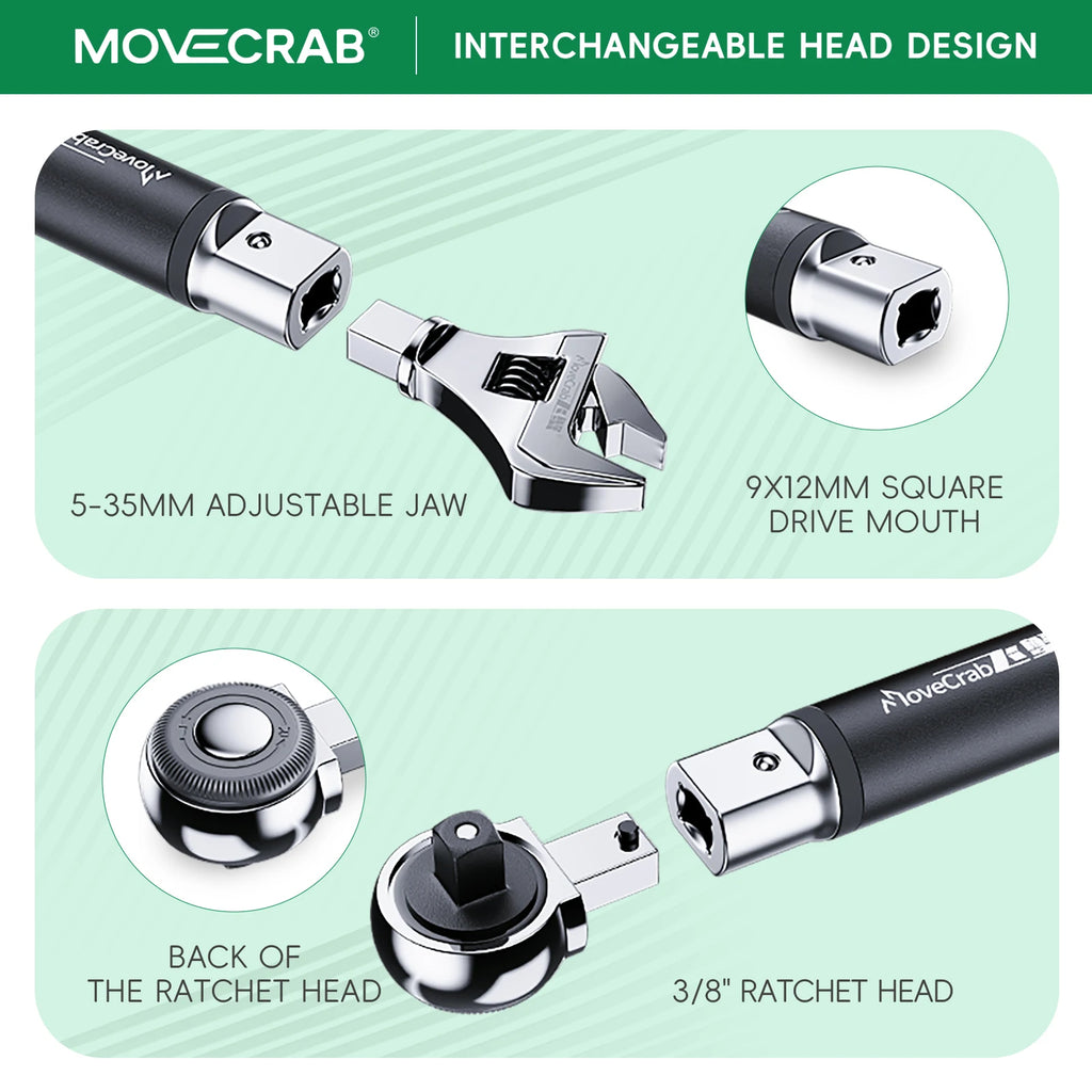 MoveCrab Digital Torque Wrench with Interchangeable Ratchet & Open-End Heads, 5–99.6 ft-lb (6.8–135 Nm) High-Precision Electronic Torque Wrench with LCD Display