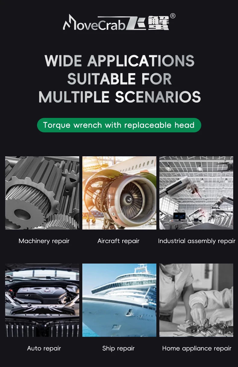 MoveCrab Digital Torque Wrench with Interchangeable Ratchet & Open-End Heads, 5–99.6 ft-lb (6.8–135 Nm) High-Precision Electronic Torque Wrench with LCD Display