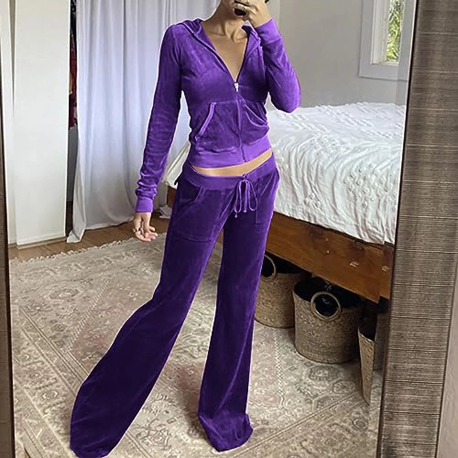Velour Velvet Two-Piece Tracksuit for Women – Slim Fit Zip-Up Hoodie & Sweatpants Set, Casual Luxe Loungewear Outfit