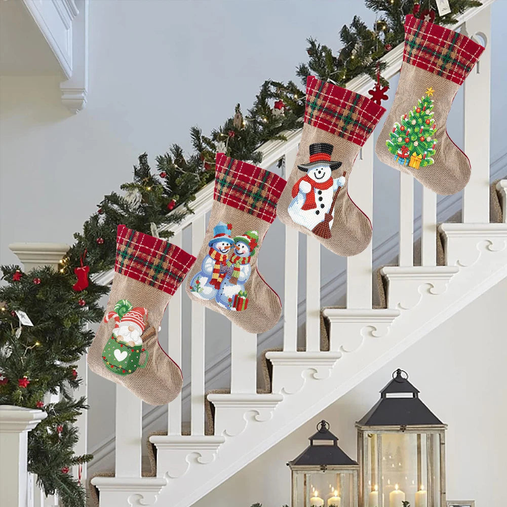 Linen Christmas Stockings Socks Gnome Xmas Snowman DIY Diamond Painting Christmas Hanging Ornament For Holiday Family Party