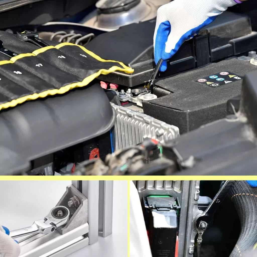 WOZOBUY Flex-Head Ratchet Wrench Set – 12/14/16/17 Pcs | 6–26mm | 72-Tooth Cr-V Combination Wrench Kit with Rolling Storage Bag