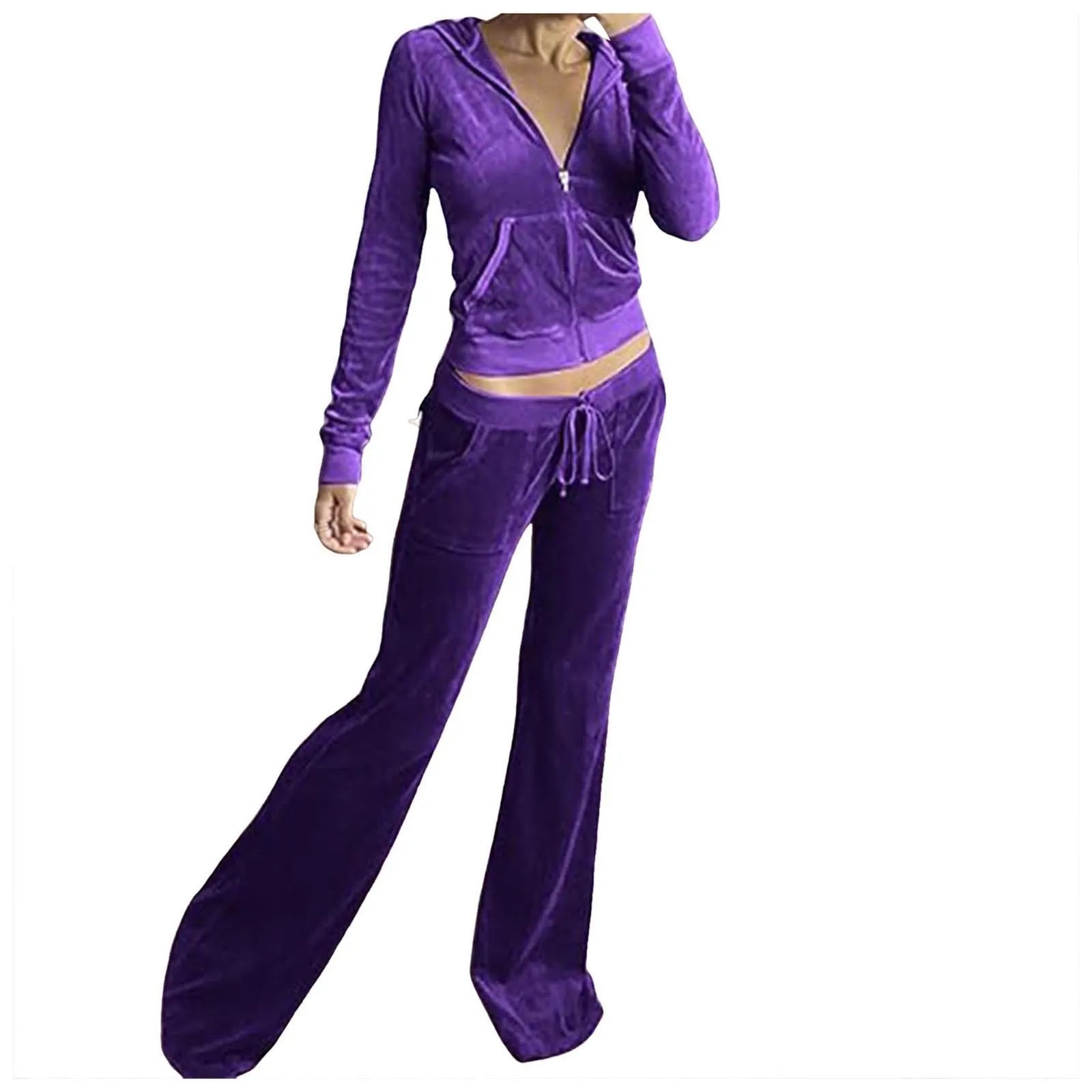 Velour Velvet Two-Piece Tracksuit for Women – Slim Fit Zip-Up Hoodie & Sweatpants Set, Casual Luxe Loungewear Outfit