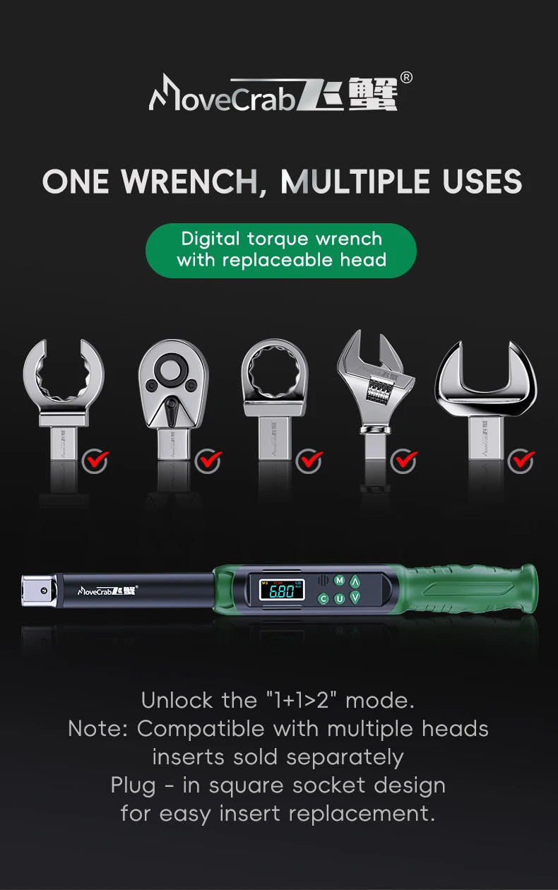 MoveCrab Digital Torque Wrench with Interchangeable Ratchet & Open-End Heads, 5–99.6 ft-lb (6.8–135 Nm) High-Precision Electronic Torque Wrench with LCD Display