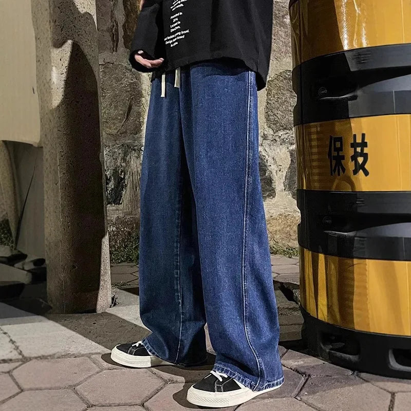2024 Men’s Streetwear Loose Jeans – Korean Style Wide Leg Casual Pants, Black & Light Blue
