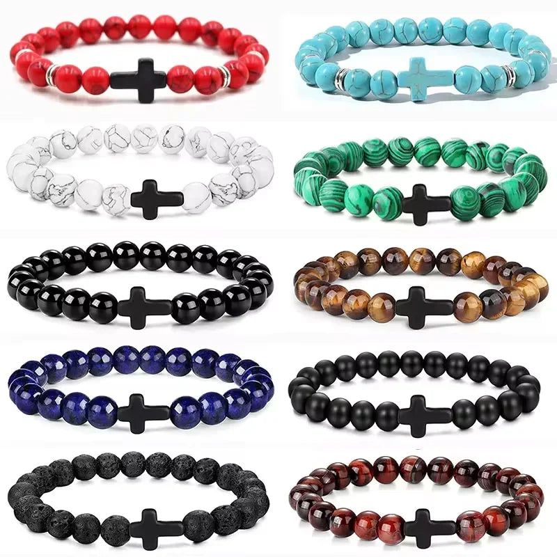 ✨ Sacred Balance Natural Stone & Hematite Cross Meditation Bracelet | Men & Women Spiritual Yoga Jewelry