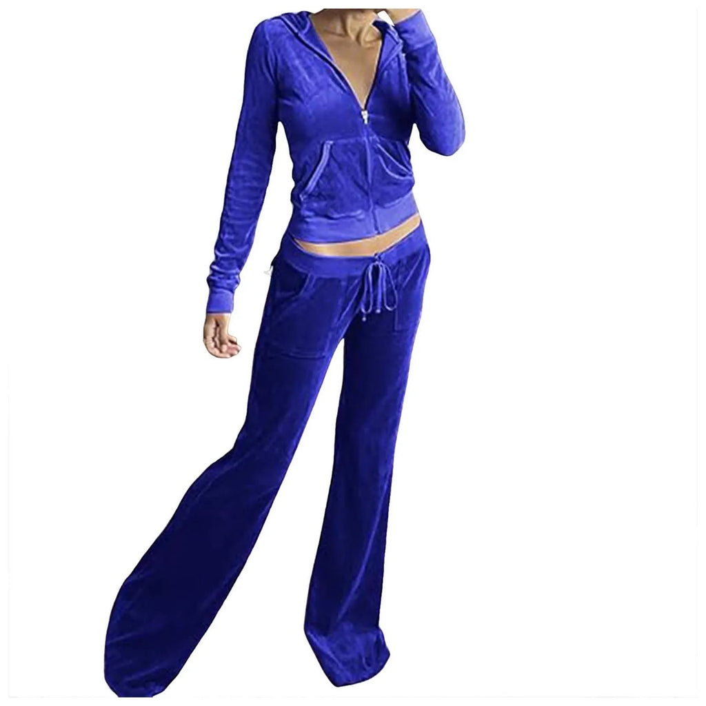 Velour Velvet Two-Piece Tracksuit for Women – Slim Fit Zip-Up Hoodie & Sweatpants Set, Casual Luxe Loungewear Outfit