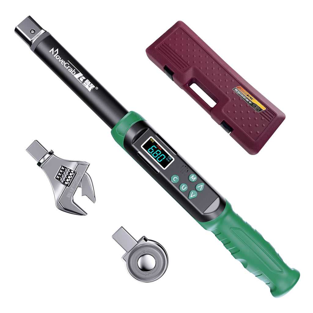 MoveCrab Digital Torque Wrench with Interchangeable Ratchet & Open-End Heads, 5–99.6 ft-lb (6.8–135 Nm) High-Precision Electronic Torque Wrench with LCD Display