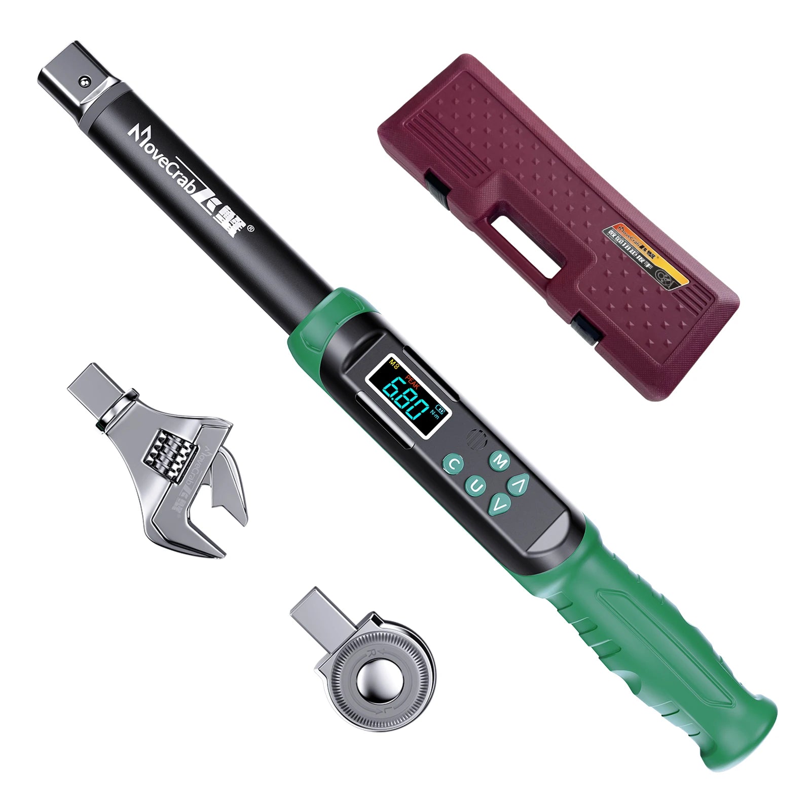 MoveCrab Digital Torque Wrench with Interchangeable Ratchet & Open-End Heads, 5–99.6 ft-lb (6.8–135 Nm) High-Precision Electronic Torque Wrench with LCD Display