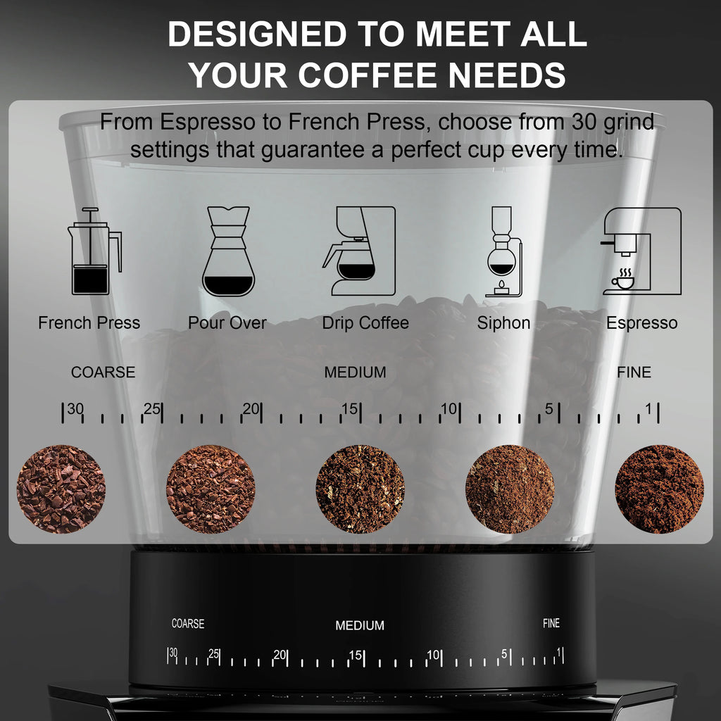 BioloMix Precision Conical Burr Coffee Grinder – 30-Setting Electric Burr Mill with LCD Timer, Magneti Ring & 300g Hopper