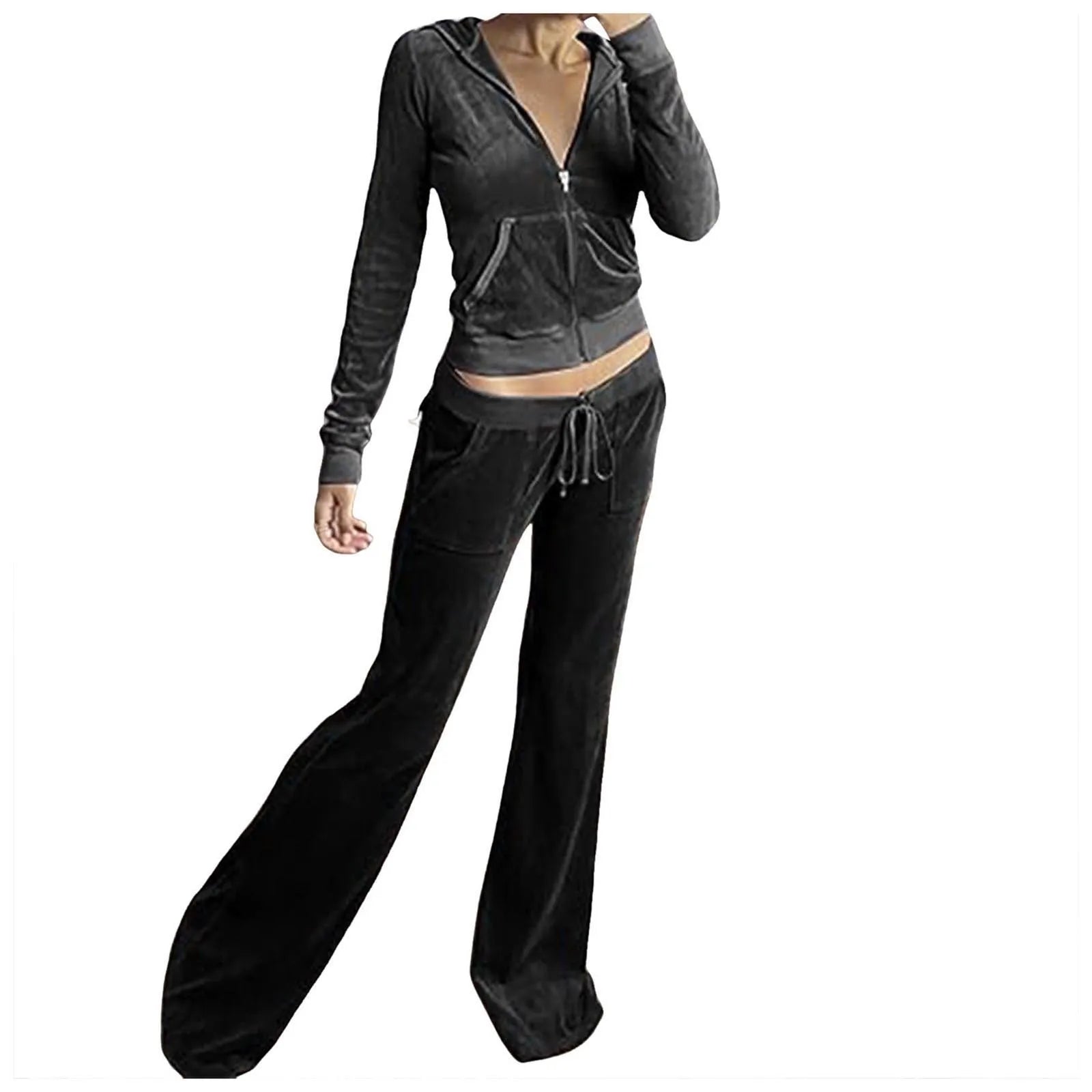 Velour Velvet Two-Piece Tracksuit for Women – Slim Fit Zip-Up Hoodie & Sweatpants Set, Casual Luxe Loungewear Outfit