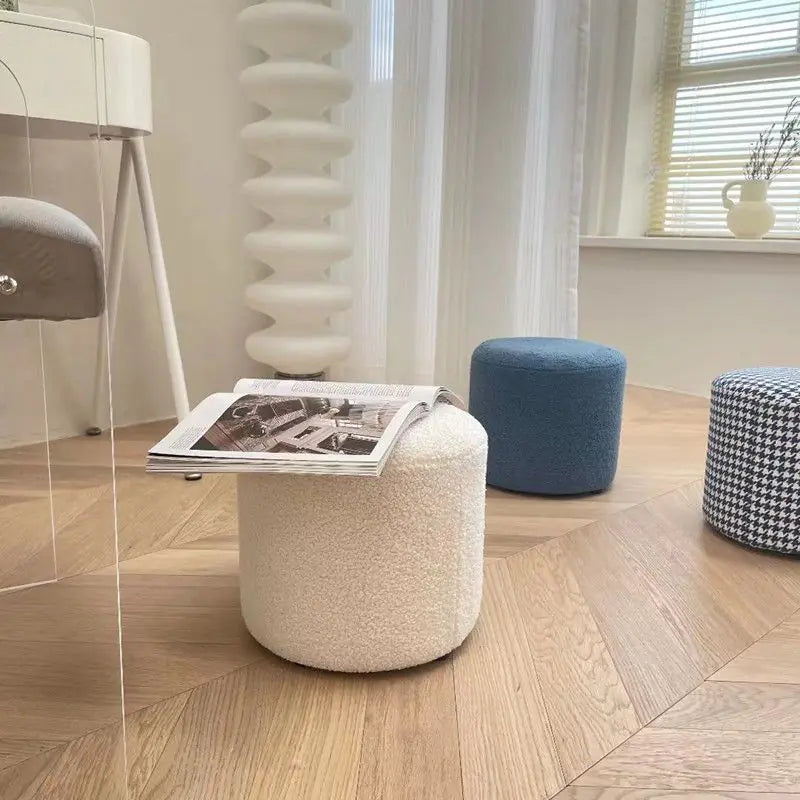 Houndstooth Lambswool Round Stool for Living Room
