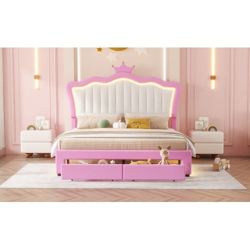 Full Size Upholstered Princess Bed Frame with LED Lights, Adjustable Crown Headboard & 2 Storage Drawers – Pink + White