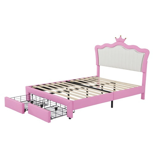 Full Size Upholstered Princess Bed Frame with LED Lights, Adjustable Crown Headboard & 2 Storage Drawers – Pink + White