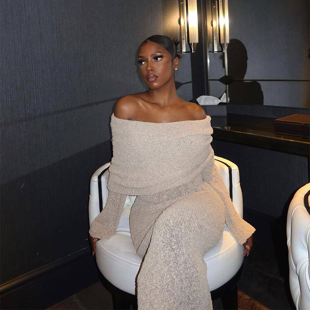 Women’s One-Shoulder Knitted Long-Sleeve Dress – Sexy Beach Holiday Maxi Dress