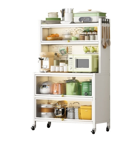 Heavy-Duty White Metal Storage Shelves – Vertical Cabinet Organizer with Double Doors, Smooth Rolling Wheels & 250KG Weight Capacity