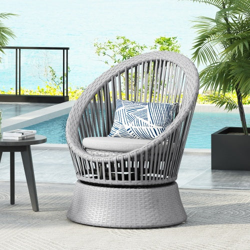 26.7" Modern Gray Wicker Lounge Chair – Round Rattan & Iron Frame Accent Chair for Living Room, Patio, Balcony & Outdoor Relaxation