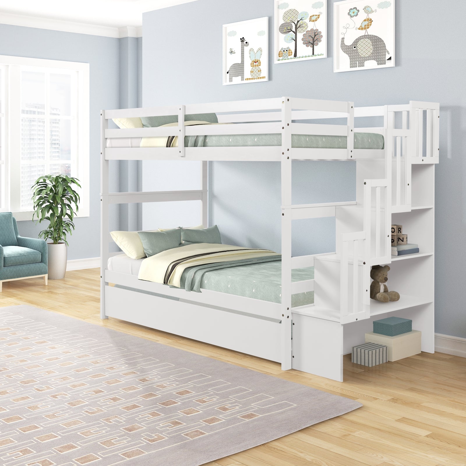 White Twin Over Twin Bunk Beds with Trundle & Stairway Storage – Pine Wood Frame, Safe Guardrails, Space-Saving Design