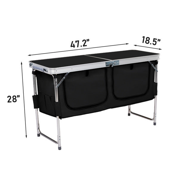 4ft 47cm Wide Black Outdoor Folding Table, Aluminum Alloy Rectangular, Two-fold Tabletop With Black Fabric Cupboard, 3 Height Adjustments.